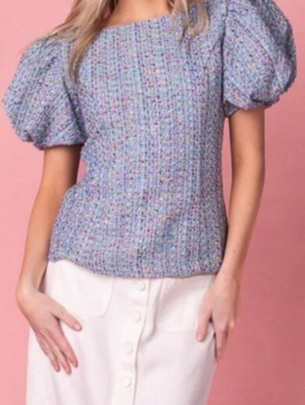 Ivy City Co. Tweed Multicolor Puff Sleeve Blouse Textured Short Sleeve Top XS - Picture 13 of 15